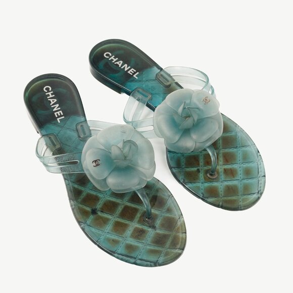 Chanel Green Metallic Jelly Camellia Thong Sandals - Picture 1 of 9
